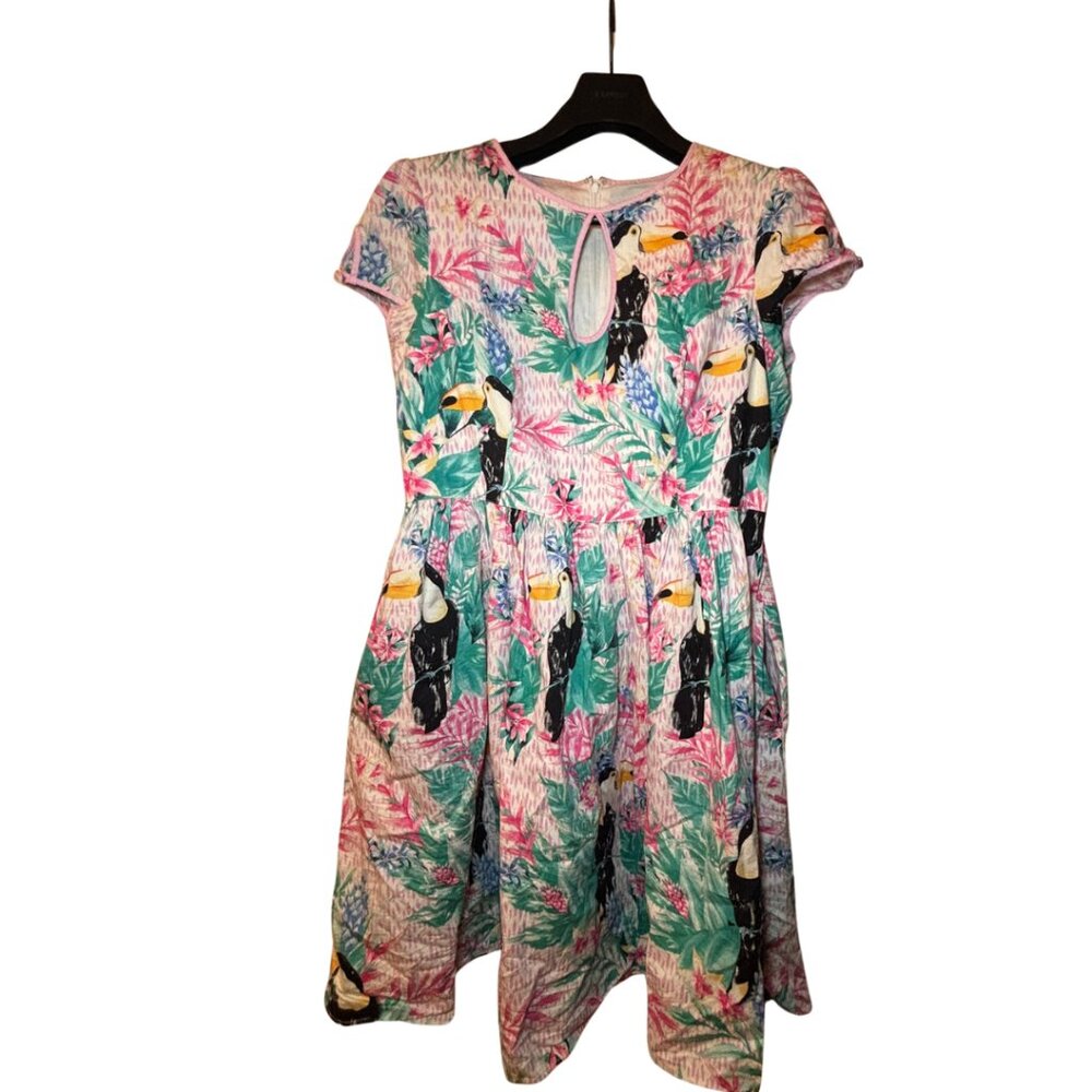 HELL BUNNY Retro 50s Style Tropical Toucan Pink Green Swing Dress XL/UK 16